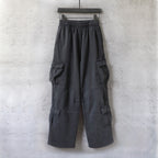 Dark gray cargo pants with elastic waistband and side cargo pockets