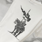 White Burberry T-shirt with large black polo-style graphic on front.
