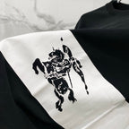 Black T-shirt fabric panel with rider-on-horse graphic print