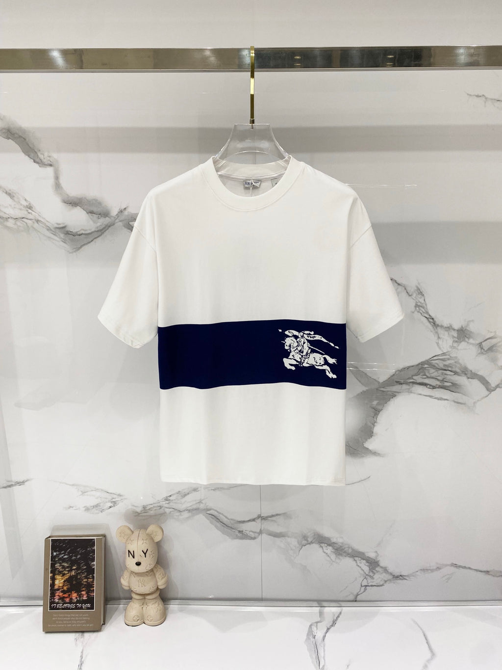 White and navy Burberry T-shirt with horse logo across chest