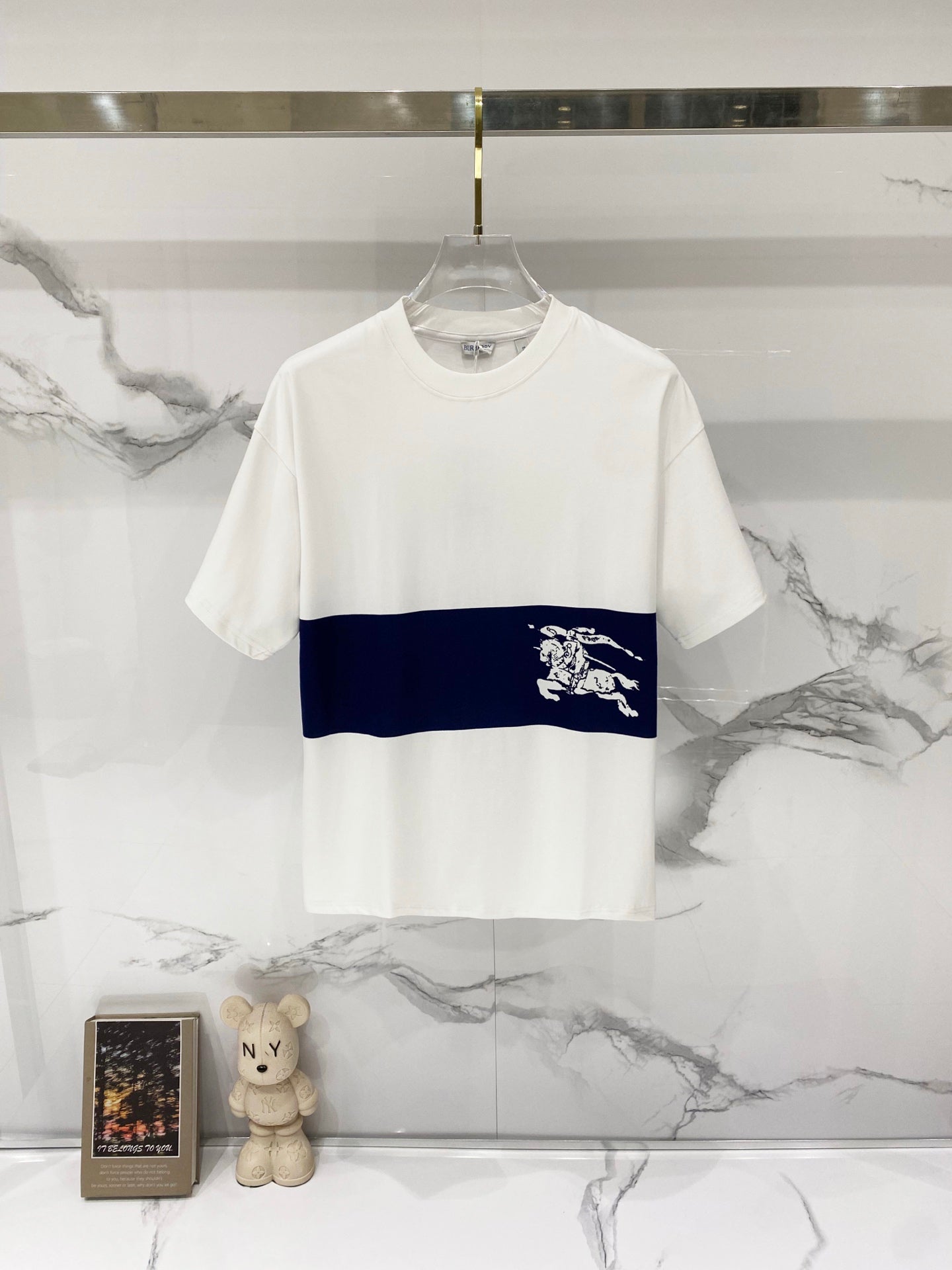 White and navy Burberry T-shirt with horse logo across chest