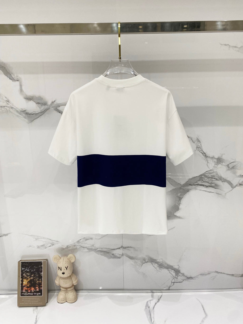 White Burberry T-shirt with navy horizontal stripe, plain back