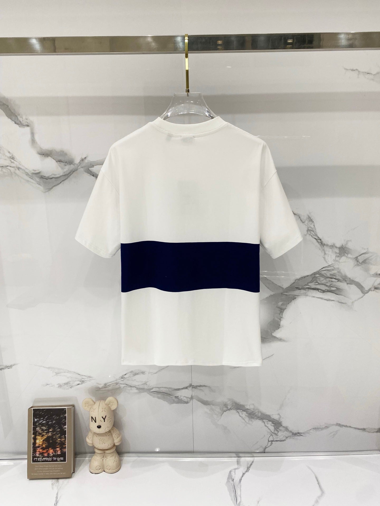 White Burberry T-shirt with navy horizontal stripe, plain back