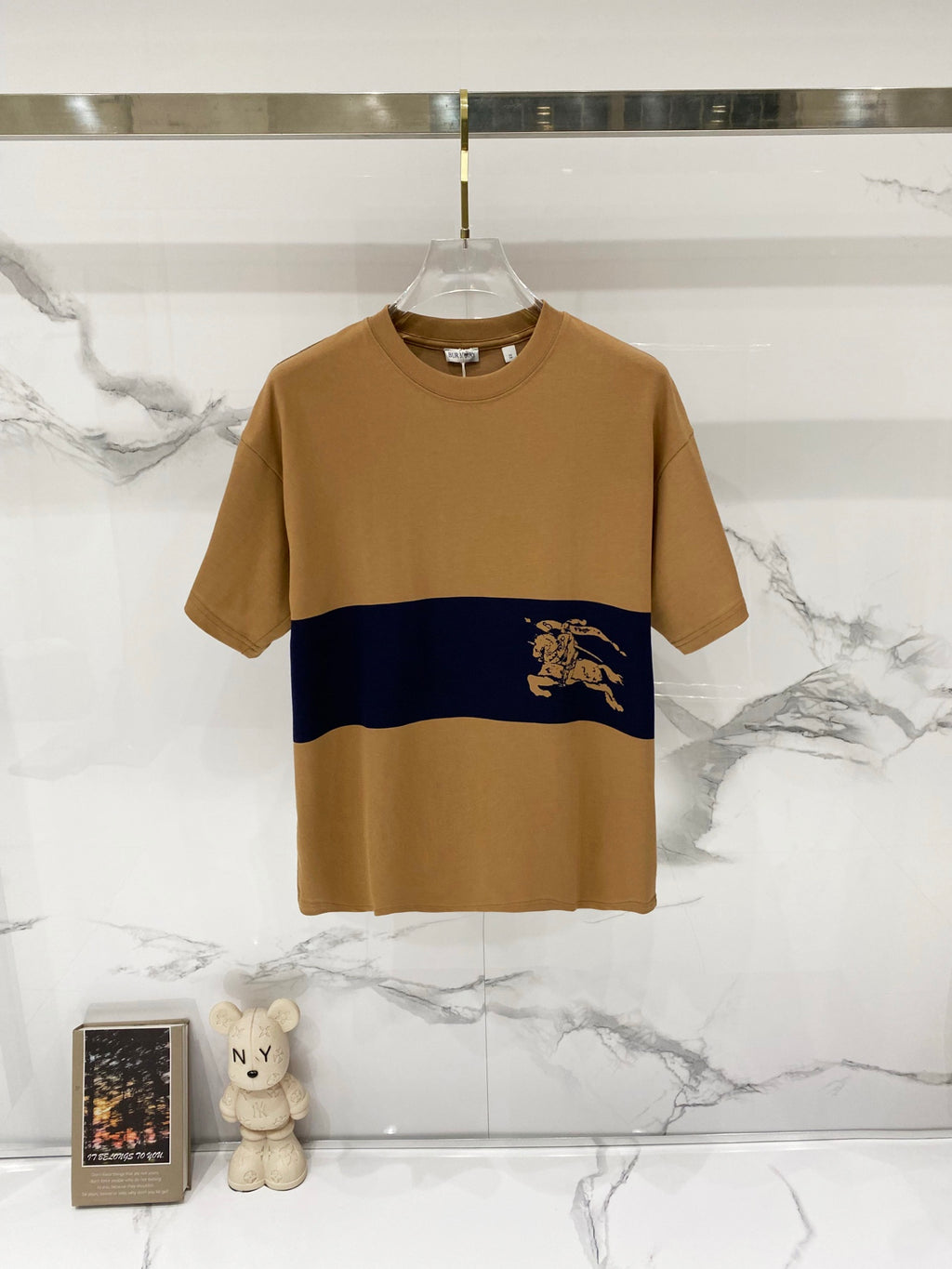 Tan and navy Burberry crewneck short-sleeve T-shirt with horse logo band
