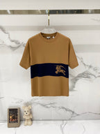 Tan and navy Burberry crewneck short-sleeve T-shirt with horse logo band