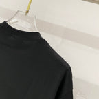 Black crew-neck T-shirt close-up of upper back and sleeve