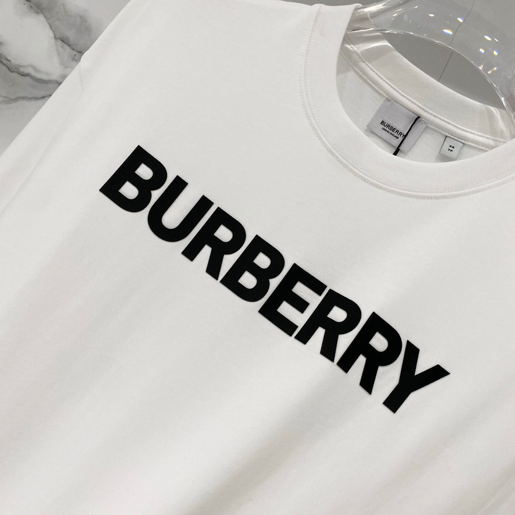 White Burberry short-sleeve T-shirt with large black BURBERRY logo, close-up