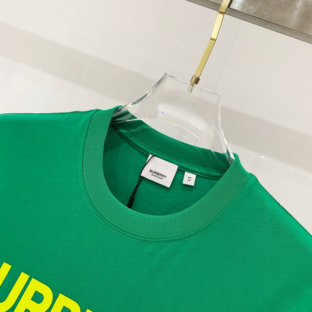Green T-shirt crew neck with 'BURBERRY' label at collar
