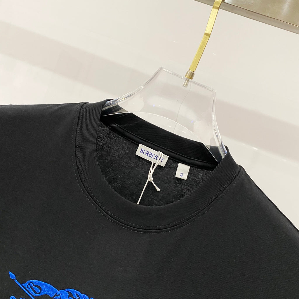 Burberry black crew-neck T-shirt with neck label and blue horse emblem