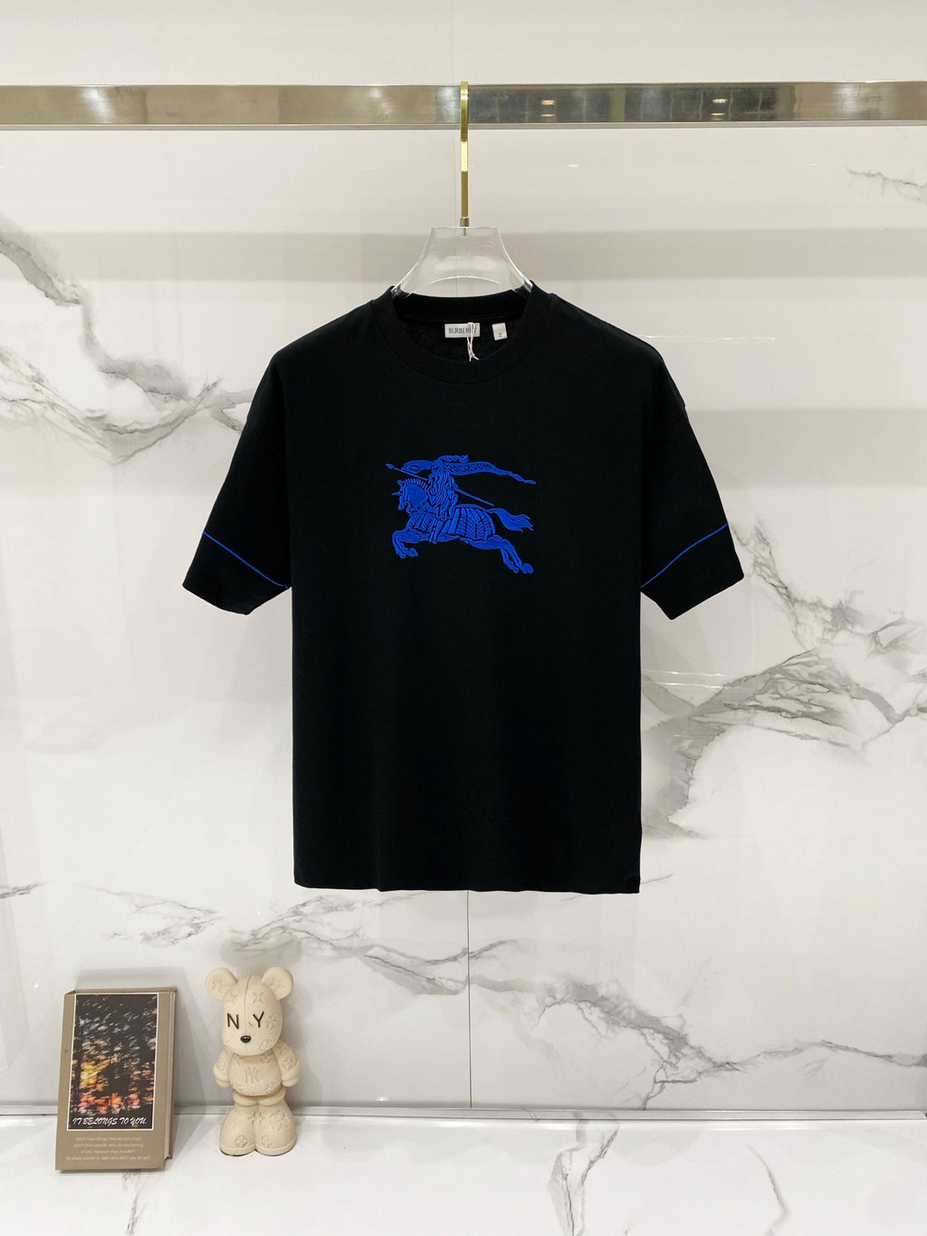 Burberry black short-sleeve T-shirt with blue horse logo on chest