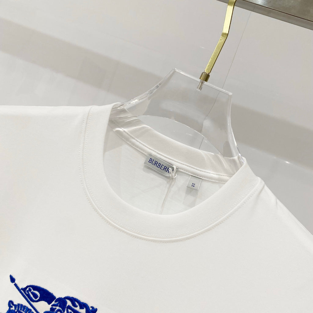 White crew-neck T-shirt with collar seam and brand label inside neckline.