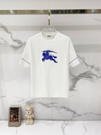 White short-sleeve T-shirt with blue horse rider graphic on the front.