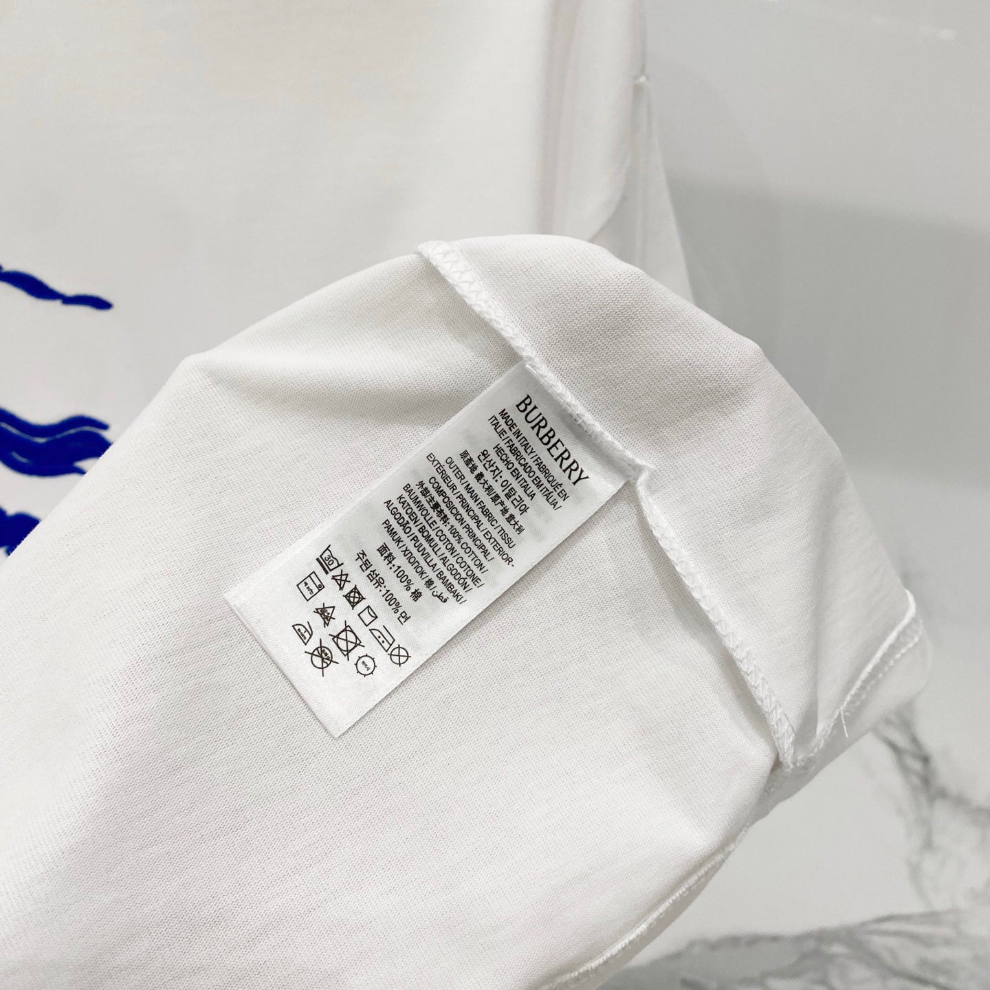 White T-shirt care label and size tag on interior neckline area.