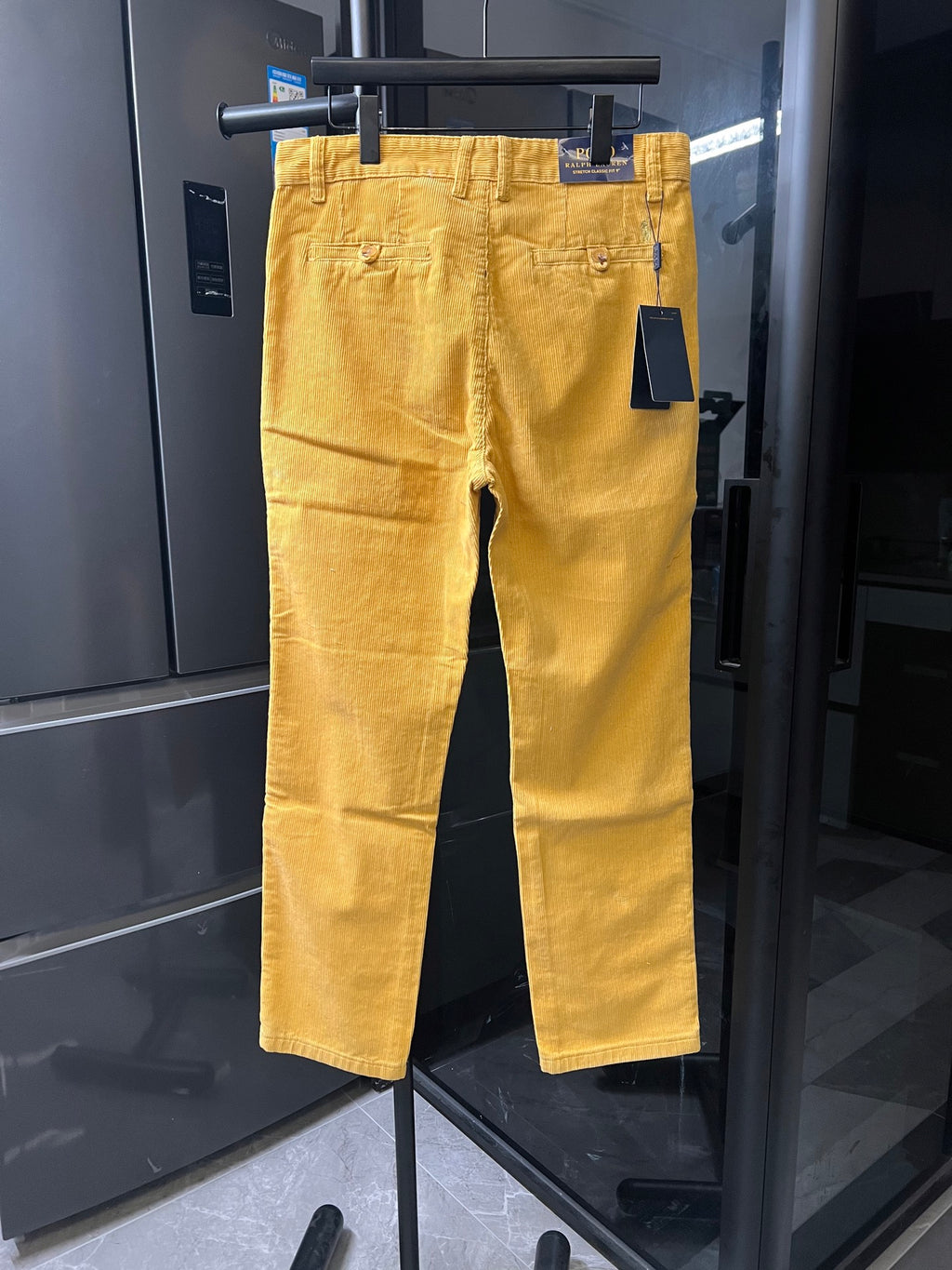 Ralph Lauren mustard-yellow pants, front view, button and zipper closure