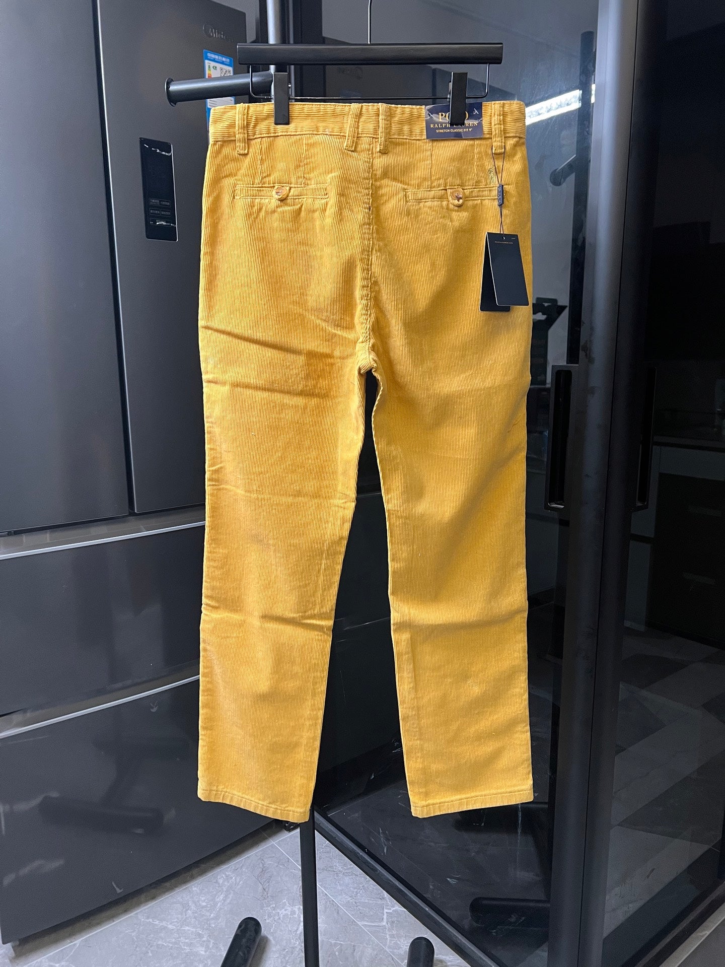 Ralph Lauren mustard-yellow pants, front view, button and zipper closure