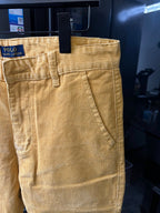 Ralph Lauren light mustard pants, close-up of waistband and front button