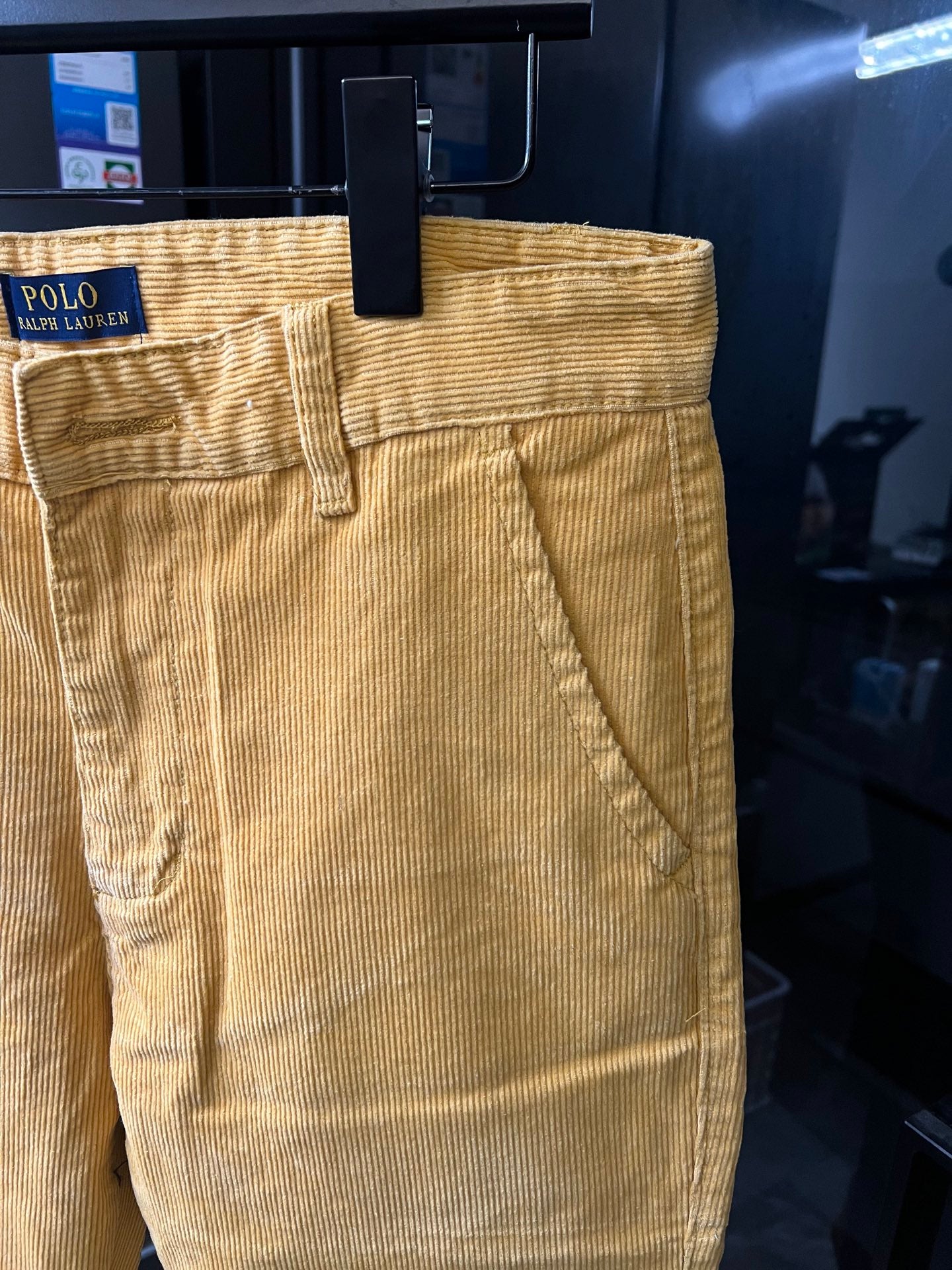 Ralph Lauren light mustard pants, close-up of waistband and front button
