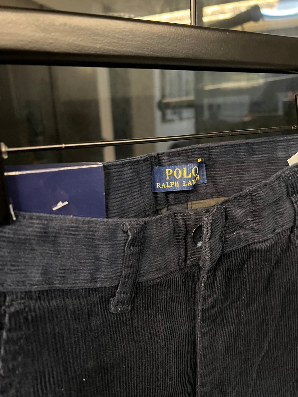 Stretch denim jeans waistband with drawstring and brand label