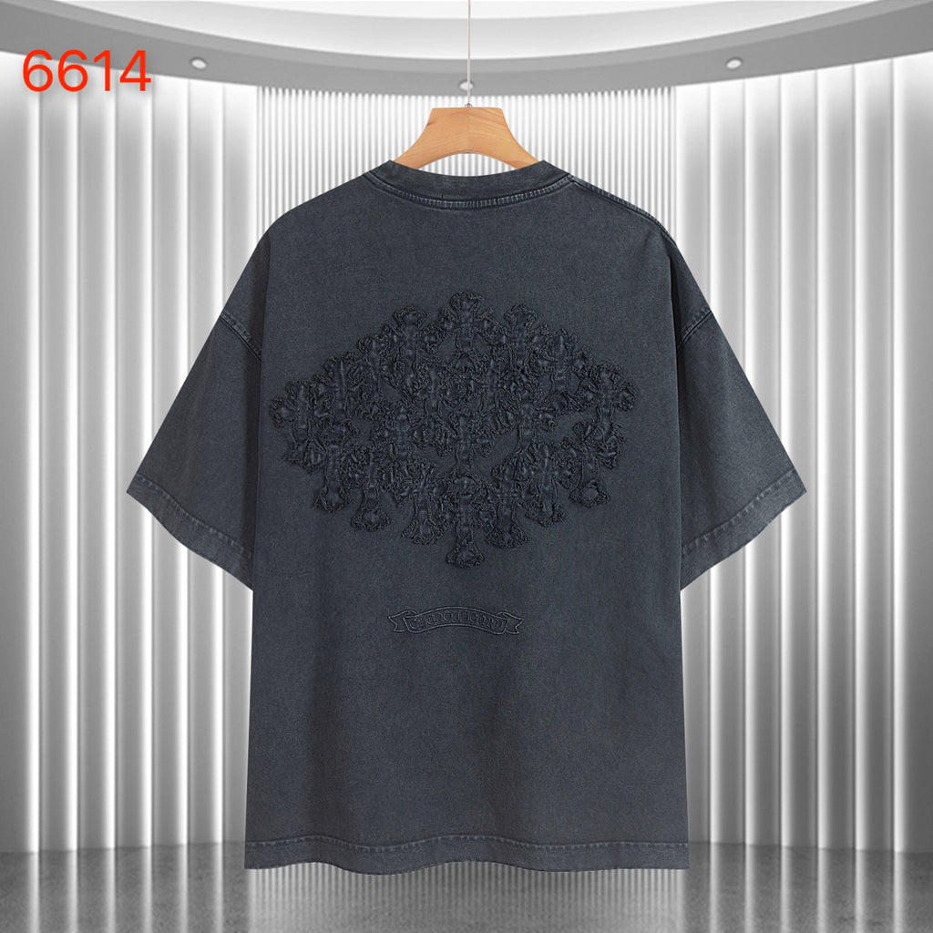 Dark T-shirt with large back embroidered graphic and crew neckline.