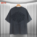 Dark T-shirt with large back embroidered graphic and crew neckline.