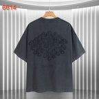 Dark T-shirt with large back embroidered graphic and crew neckline.