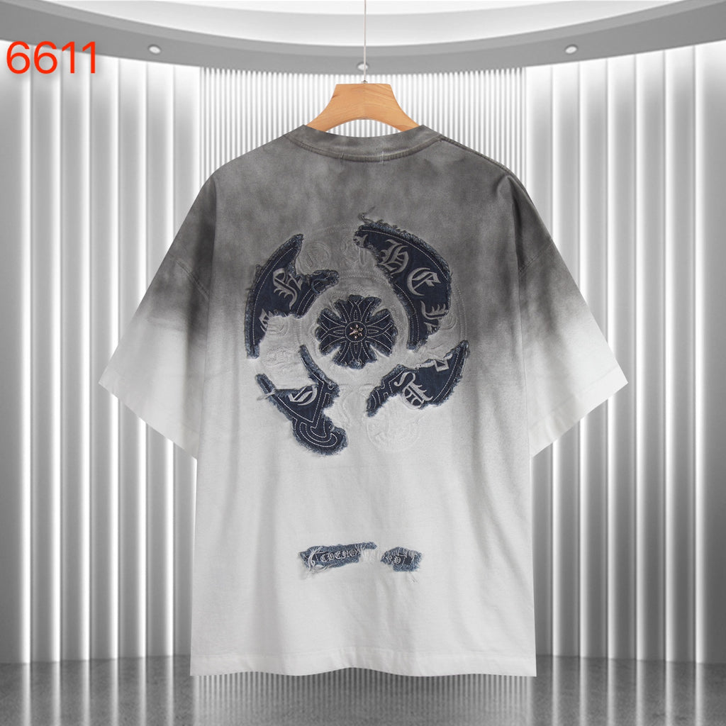 Gradient T-shirt, dark gray to white, navy embroidered back crest and short sleeves