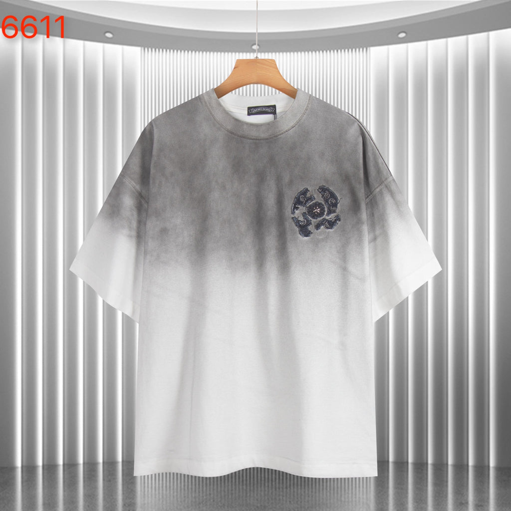 Gradient T-shirt, dark gray to white, small navy embroidered emblem at chest