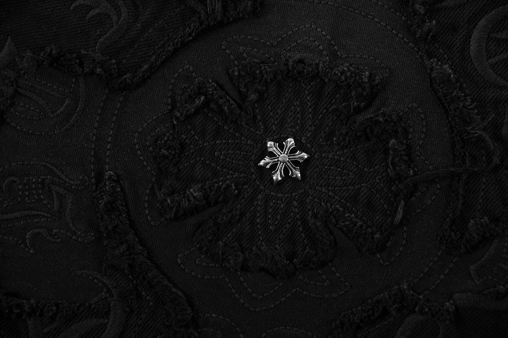Black short-sleeve T-shirt embroidery detail with small cross motif