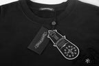 Black short-sleeve T-shirt with crew neck and embroidered chest graphic
