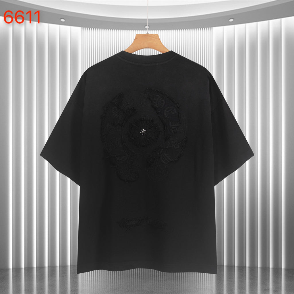 Black short-sleeve T-shirt with back embroidered design
