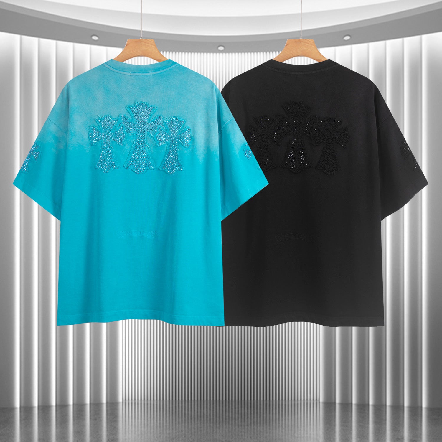 Turquoise and black crewneck T-shirts with glittery back graphics