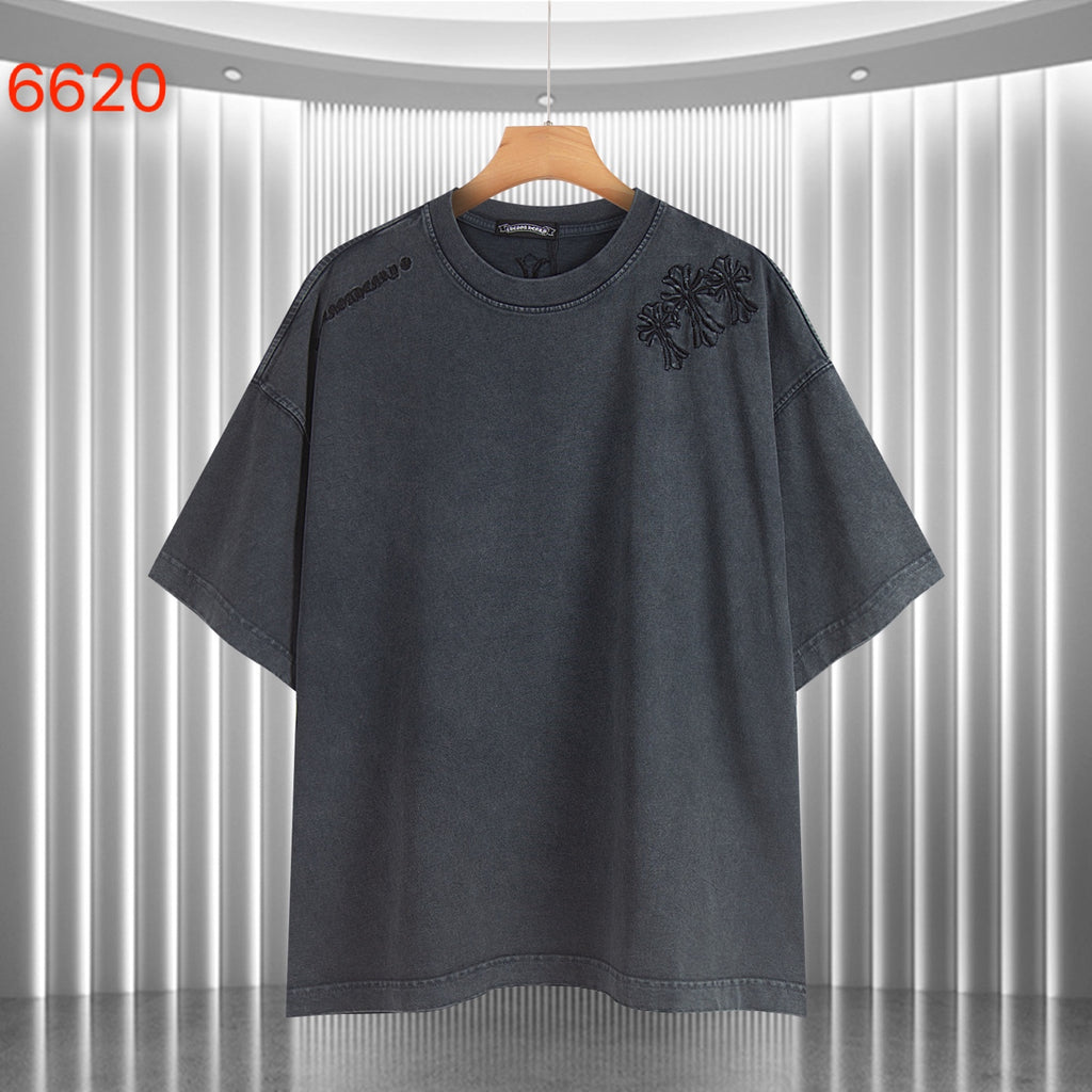 Dark gray graphic T-shirt with crew neck and small chest emblem