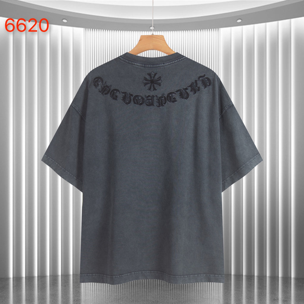 Dark gray graphic T-shirt with crew neck and large back emblem