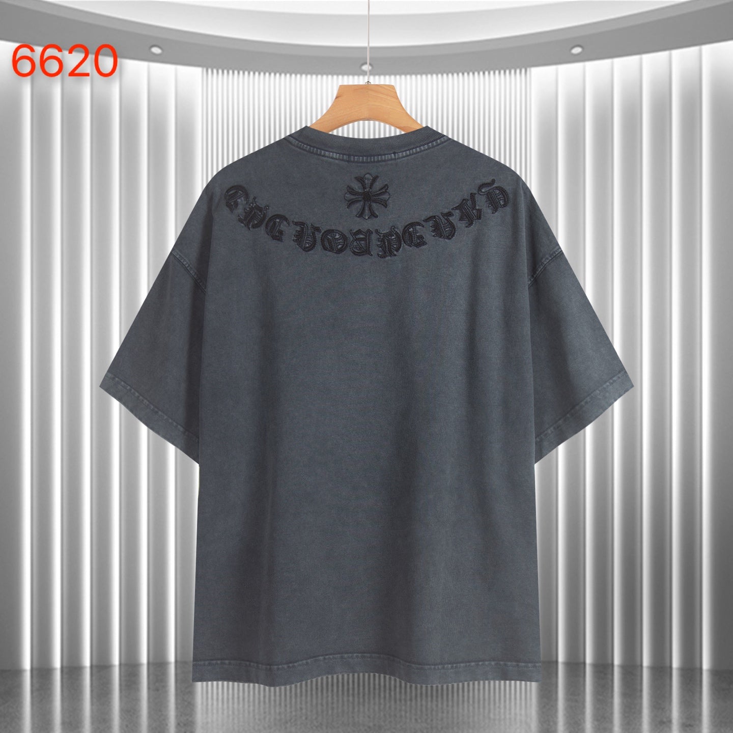 Dark gray graphic T-shirt with crew neck and large back emblem