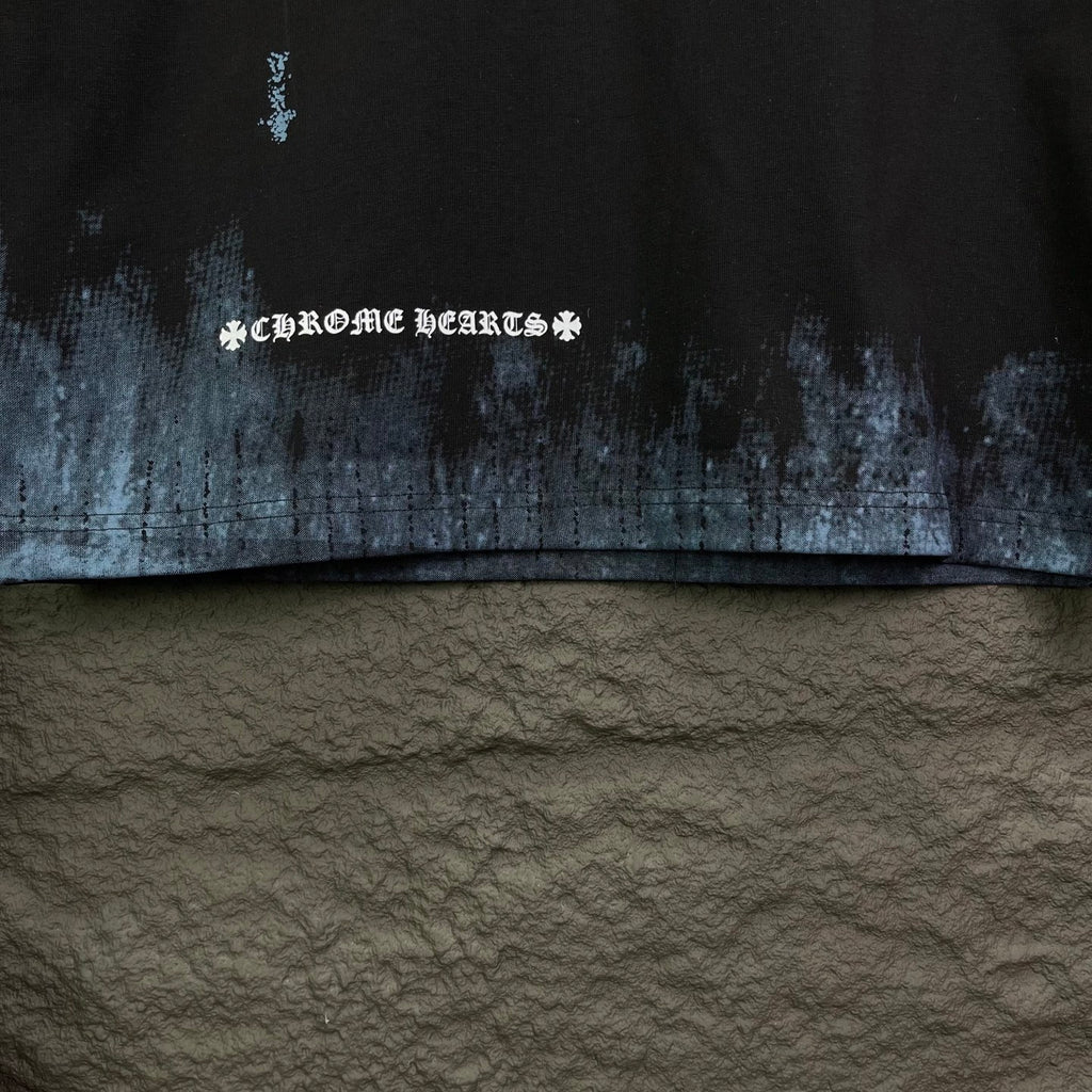 Chrome short-sleeve T-shirt hem detail, black with blue dip-dye band and small text