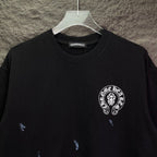 Chrome short-sleeve T-shirt close-up, black with circular chest emblem print
