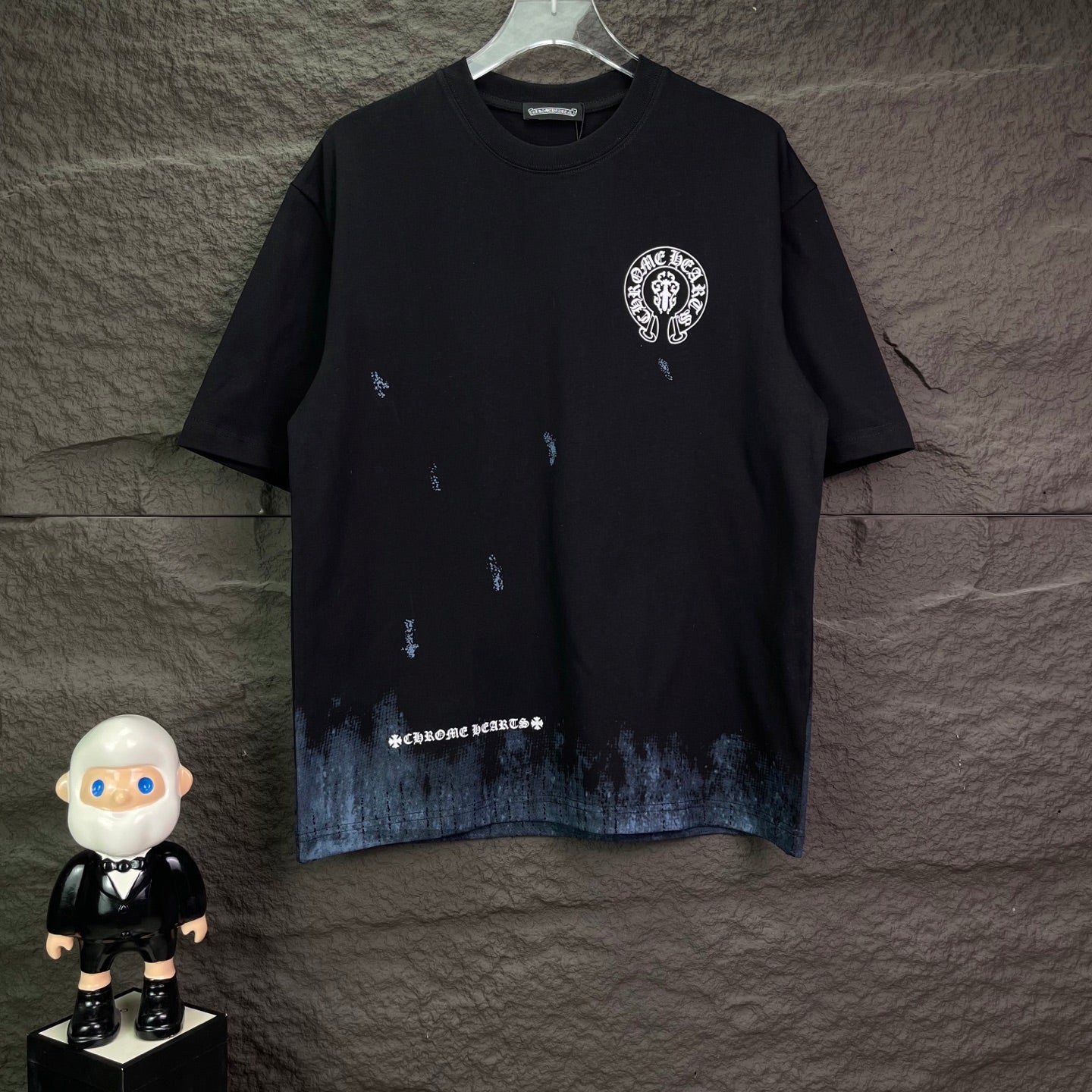 Chrome short-sleeve T-shirt, black with blue dip-dye hem, chest emblem print