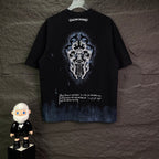 Chrome short-sleeve T-shirt, black with back graphic and text, blue dip-dye hem