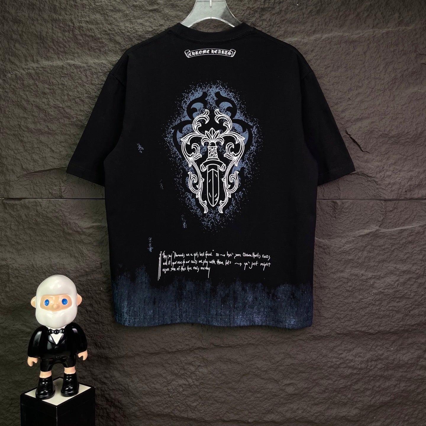 Chrome short-sleeve T-shirt, black with back graphic and text, blue dip-dye hem
