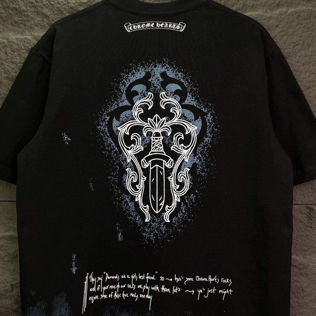 Chrome short-sleeve T-shirt back, black with large emblem graphic, blue dip-dye hem