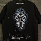 Chrome short-sleeve T-shirt back, black with large emblem graphic, blue dip-dye hem
