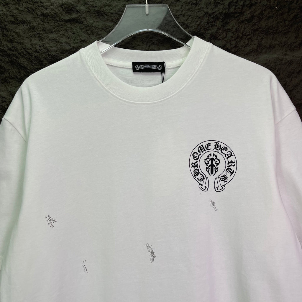 White short-sleeve graphic T-shirt with small circular chest logo
