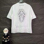 White short-sleeve graphic T-shirt with large back crest and scattered distressing
