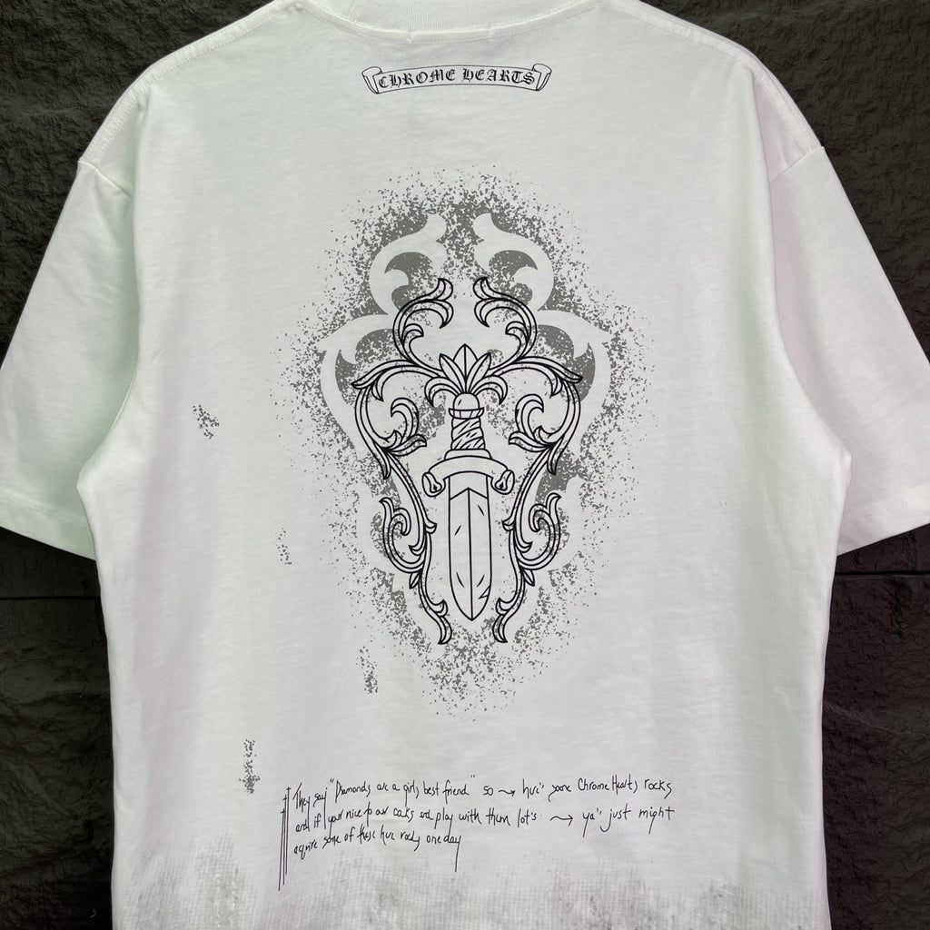 White short-sleeve T-shirt back with ornate crest graphic and small caption text
