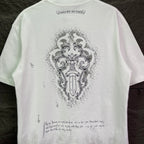 White short-sleeve T-shirt back with ornate crest graphic and small caption text