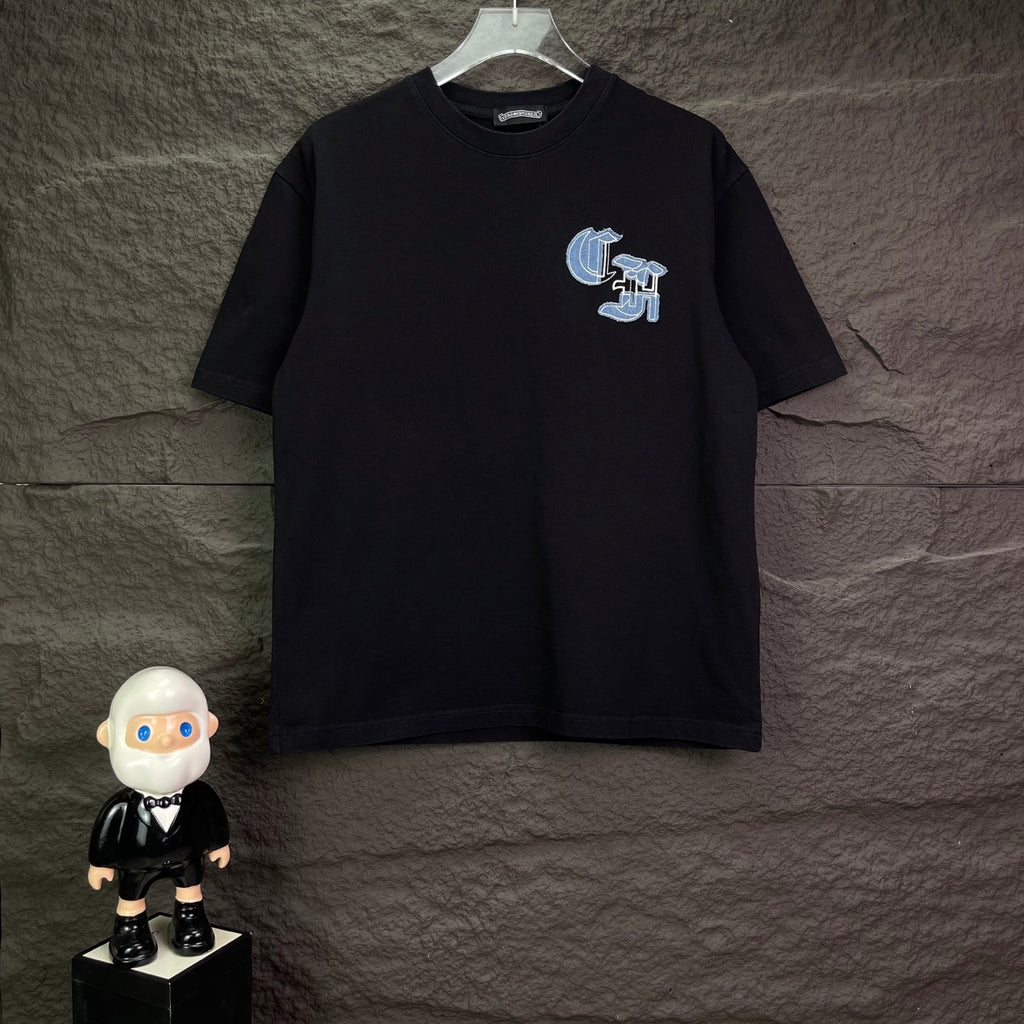 Black short-sleeve T-shirt with small light-blue logo graphic on chest
