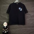 Black short-sleeve T-shirt with small light-blue logo graphic on chest