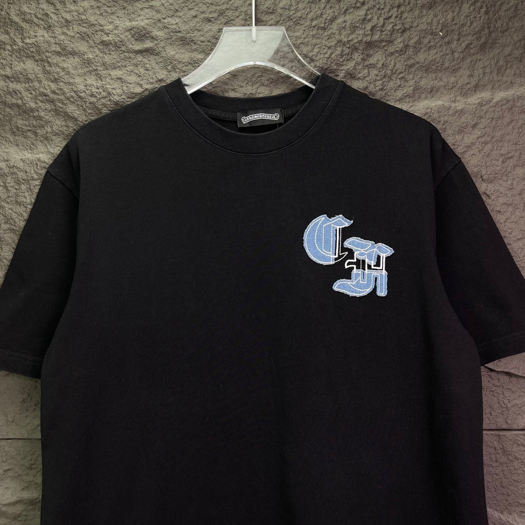 Black short-sleeve T-shirt with small light-blue logo graphic