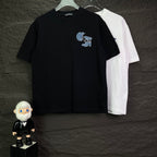 Black short-sleeve T-shirt with light-blue logo; white T-shirt behind