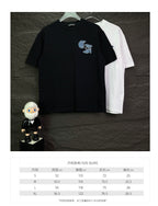 Black short-sleeve T-shirt with light-blue logo; size guide chart below